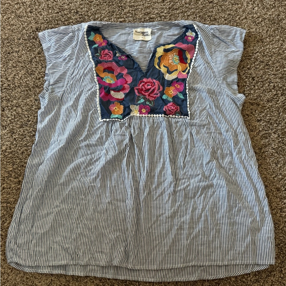 Savanna Jane Blue Striped Floral Embroidered Blouse
